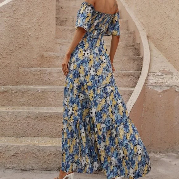 Blue Boho Womens Allover Floral Print Shirred Off Shoulder Ruffle Hem Dress - Picture 2 of 5